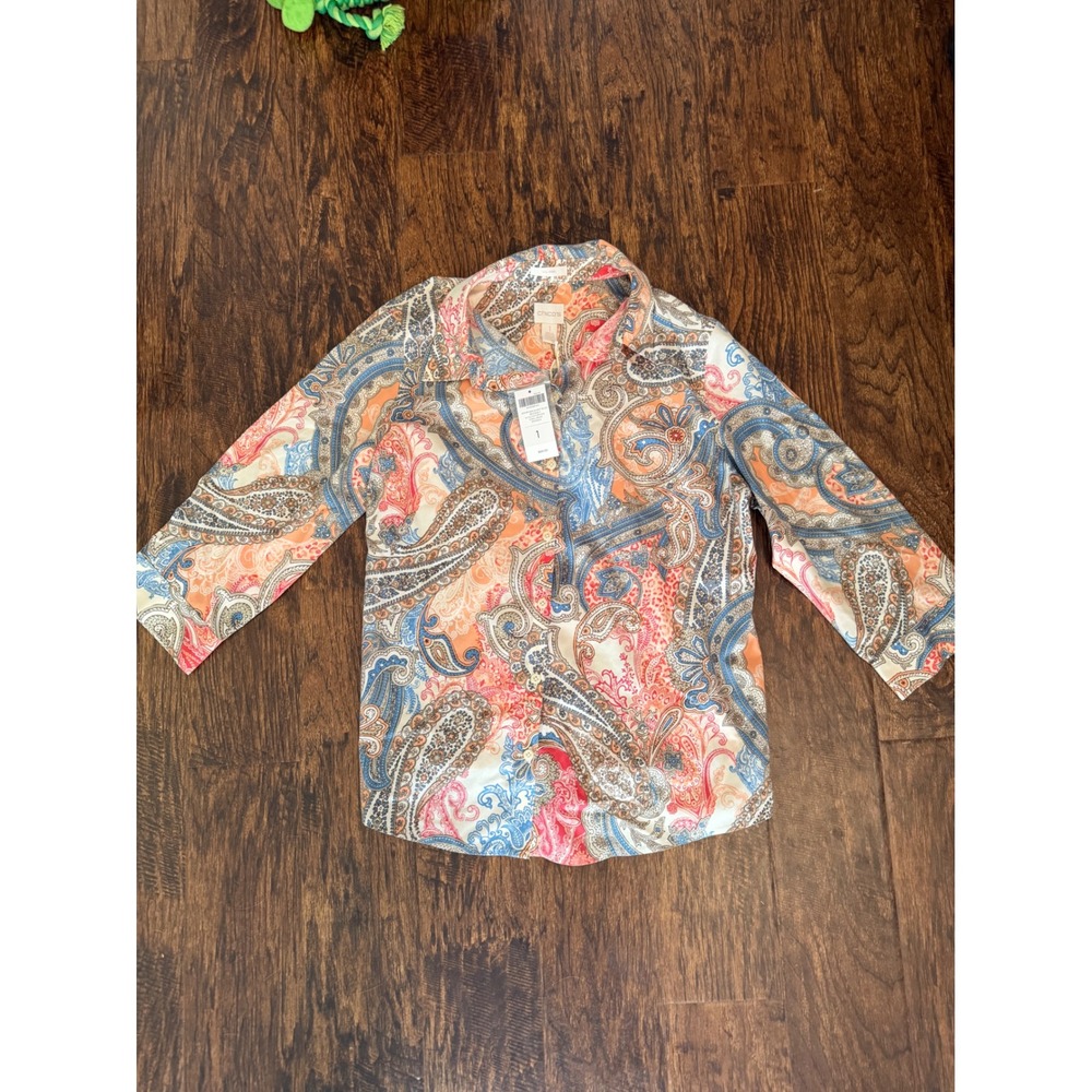Chicos Effortless Sunset Blues Beatrice II Paisley 3/4 Sleeve Button Down Top 1